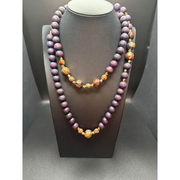 Vintage Wooden and Handmade Gold Leaf Beaded Necklace by Melina - Picture 1 of 9